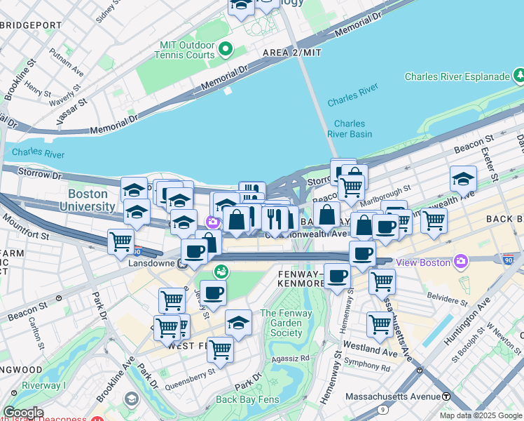 map of restaurants, bars, coffee shops, grocery stores, and more near 483 Commonwealth Avenue in Boston