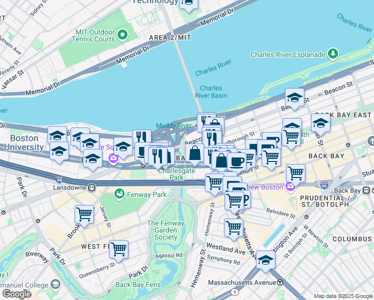 map of restaurants, bars, coffee shops, grocery stores, and more near 4 Charlesgate East in Boston