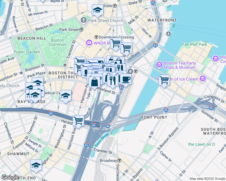 map of restaurants, bars, coffee shops, grocery stores, and more near 211 South Street in Boston
