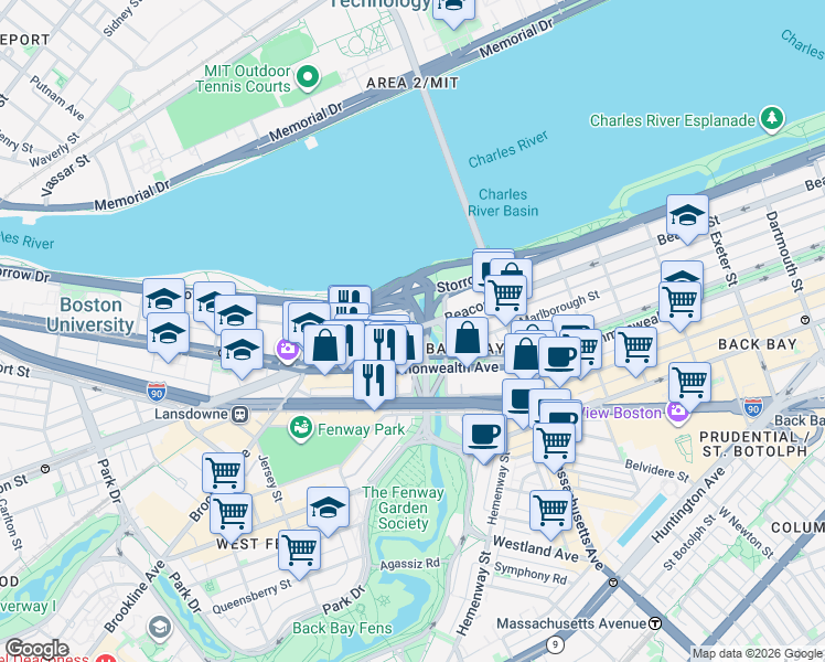 map of restaurants, bars, coffee shops, grocery stores, and more near Beacon St & Charlesgate W in Boston