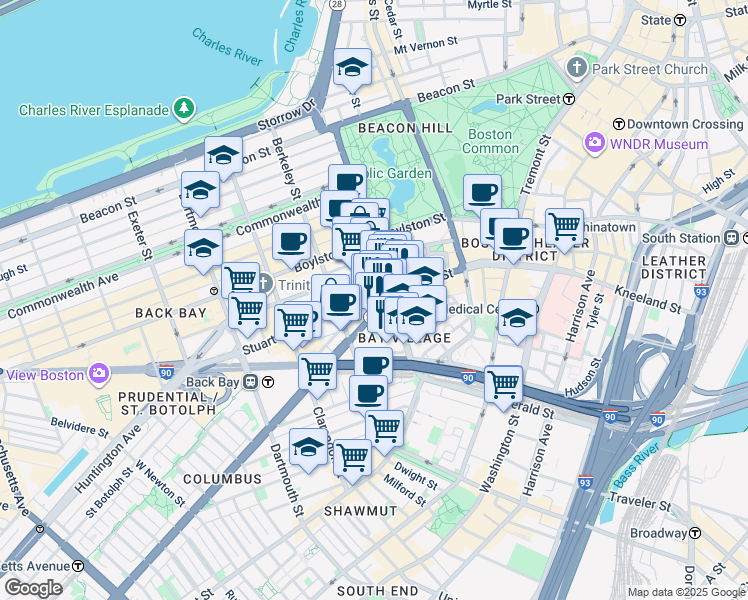 map of restaurants, bars, coffee shops, grocery stores, and more near Stuart Street in Boston