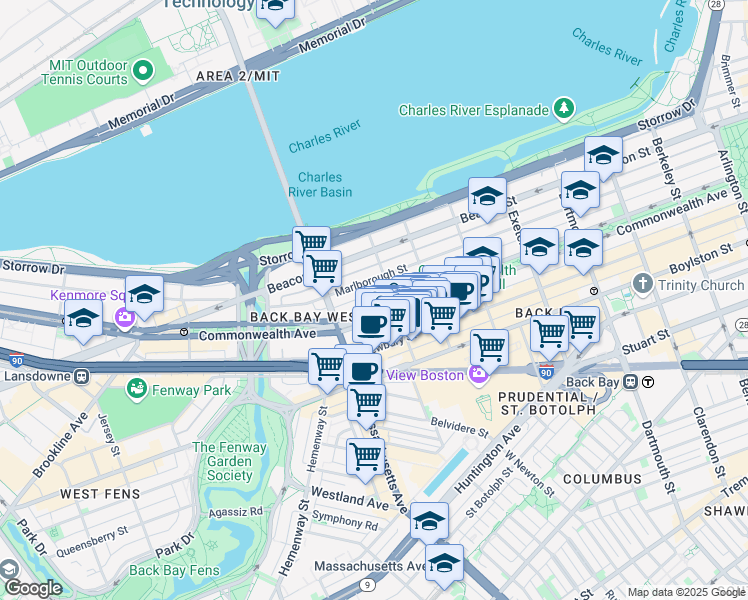 map of restaurants, bars, coffee shops, grocery stores, and more near 323 Commonwealth Avenue in Boston