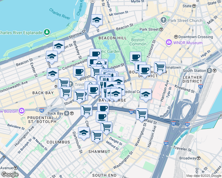 map of restaurants, bars, coffee shops, grocery stores, and more near 100 Arlington Street in Boston