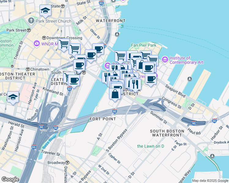 map of restaurants, bars, coffee shops, grocery stores, and more near 273 Summer Street in Boston