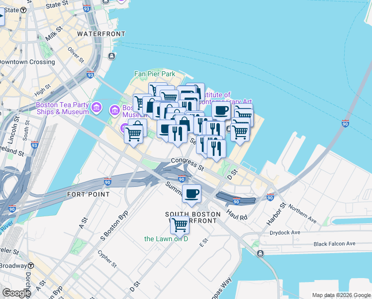 map of restaurants, bars, coffee shops, grocery stores, and more near in Boston
