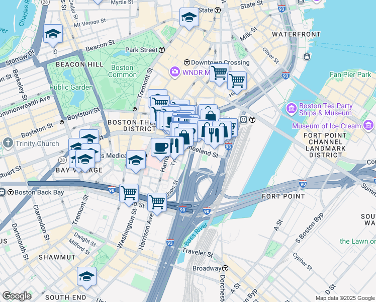 map of restaurants, bars, coffee shops, grocery stores, and more near 117 Kneeland Street in Boston