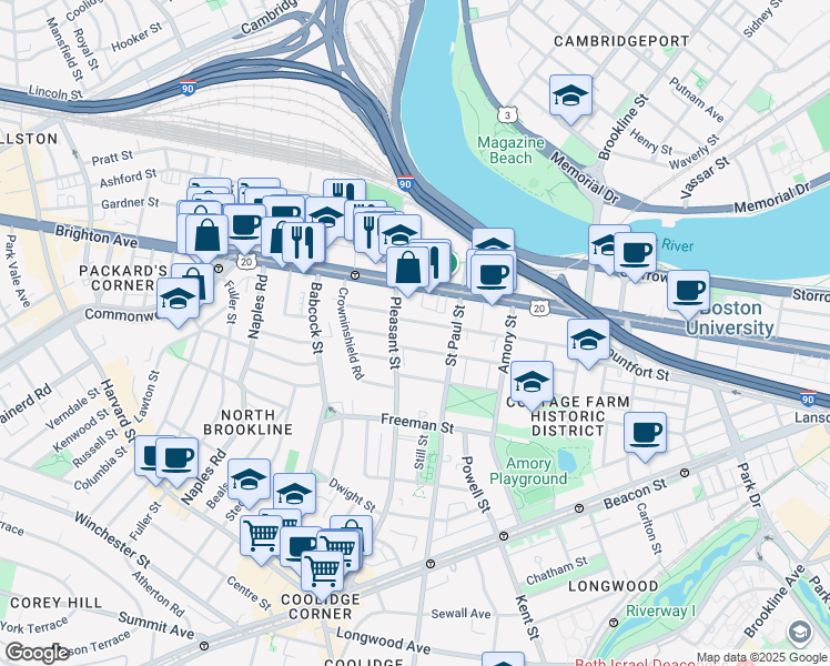map of restaurants, bars, coffee shops, grocery stores, and more near 76 Egmont Street in Brookline