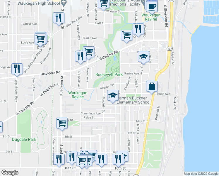 map of restaurants, bars, coffee shops, grocery stores, and more near 546 South Avenue in Waukegan