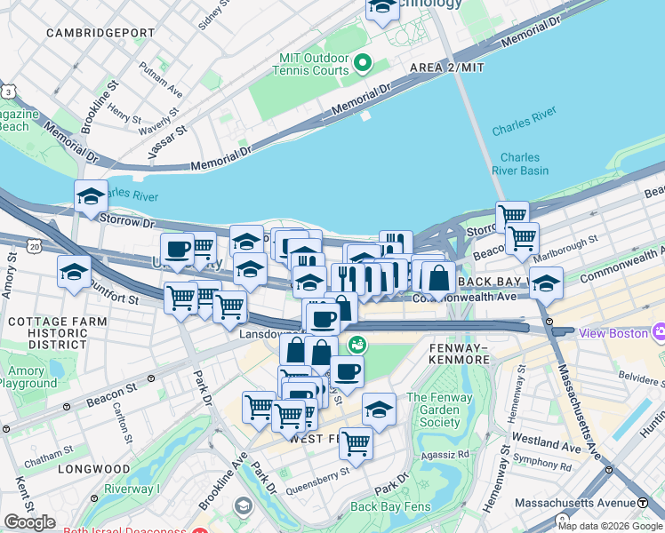 map of restaurants, bars, coffee shops, grocery stores, and more near 585 Commonwealth Avenue in Boston