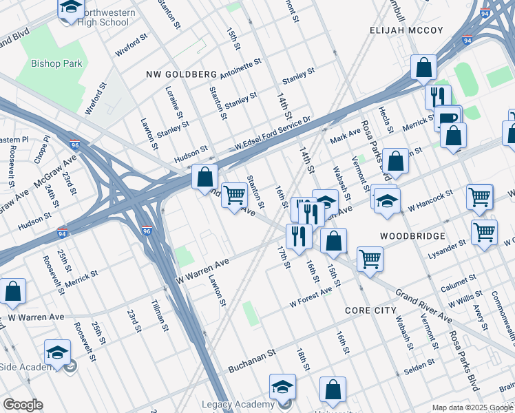 map of restaurants, bars, coffee shops, grocery stores, and more near 5110 Grand River Avenue in Detroit