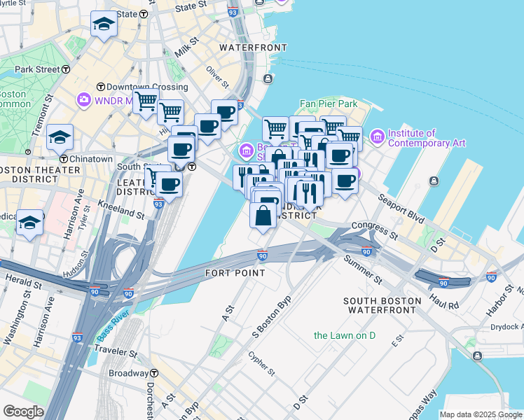 map of restaurants, bars, coffee shops, grocery stores, and more near 15 Necco Street in Boston