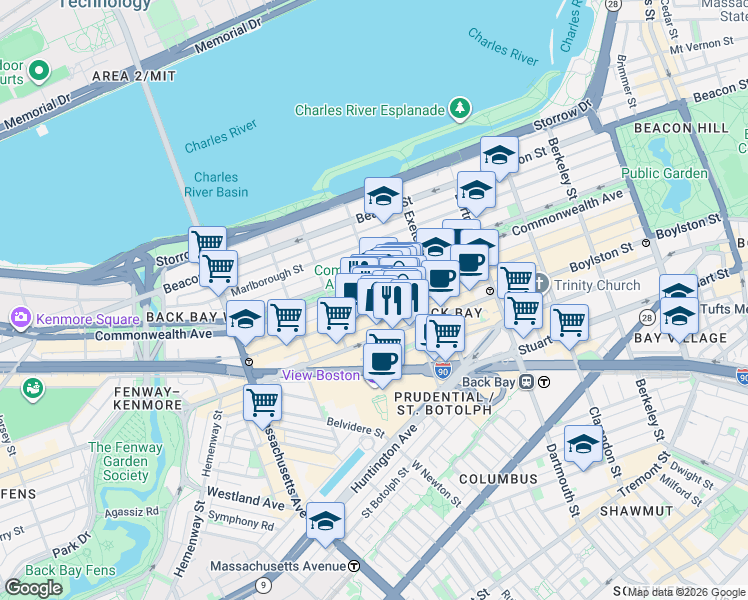 map of restaurants, bars, coffee shops, grocery stores, and more near 219 Newbury Street in Boston