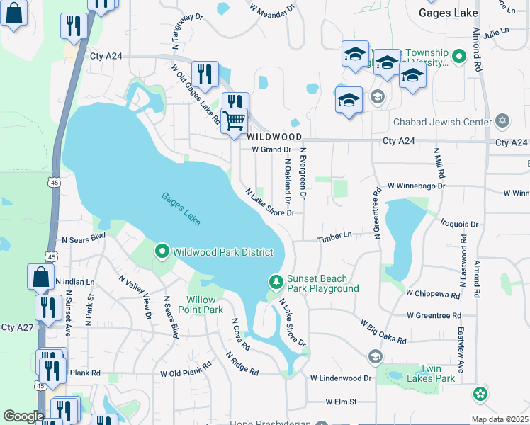map of restaurants, bars, coffee shops, grocery stores, and more near 33500 North Lake Shore Drive in Grayslake