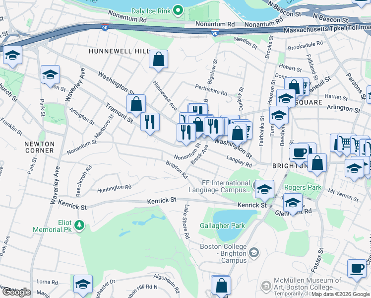 map of restaurants, bars, coffee shops, grocery stores, and more near 32 Nonantum Street in Boston