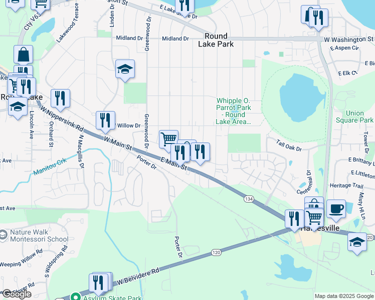 map of restaurants, bars, coffee shops, grocery stores, and more near 207 East Pineview Drive in Round Lake Park