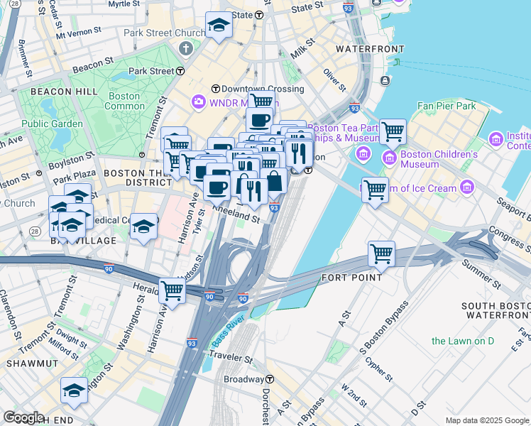 map of restaurants, bars, coffee shops, grocery stores, and more near 750 Atlantic Avenue in Boston