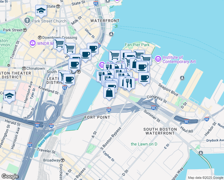 map of restaurants, bars, coffee shops, grocery stores, and more near 281 Summer Street in Boston