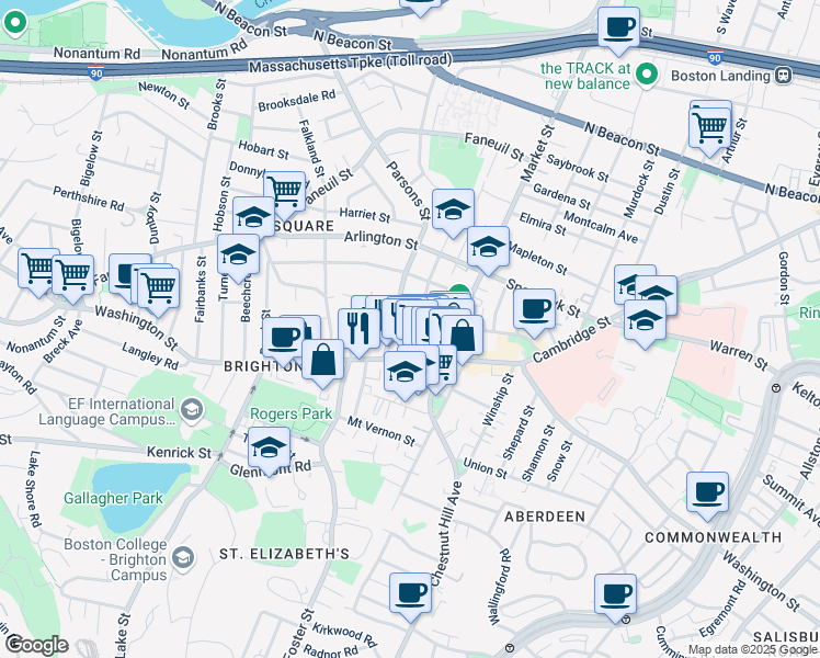 map of restaurants, bars, coffee shops, grocery stores, and more near 15 Parsons Street in Boston