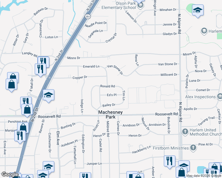map of restaurants, bars, coffee shops, grocery stores, and more near 1260 Ed's Place in Machesney Park