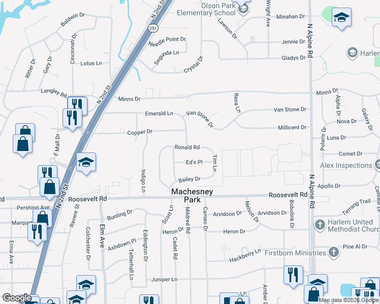 map of restaurants, bars, coffee shops, grocery stores, and more near 1260 Ed's Place in Machesney Park