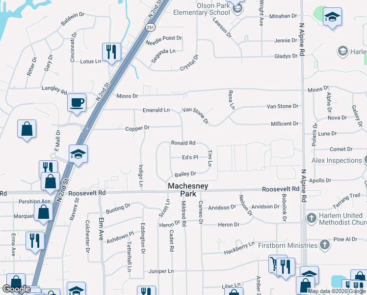 map of restaurants, bars, coffee shops, grocery stores, and more near 1204 Ed's Place in Machesney Park