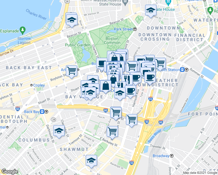map of restaurants, bars, coffee shops, grocery stores, and more near 74-78 Warrenton St in Boston