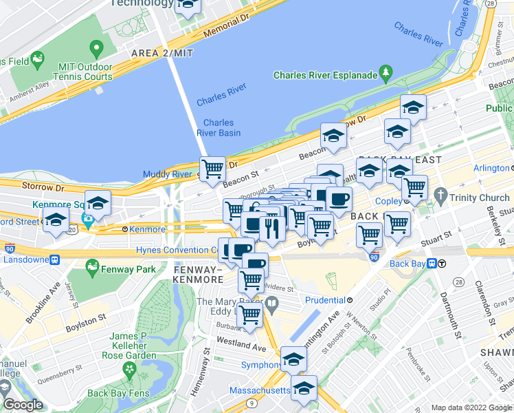 map of restaurants, bars, coffee shops, grocery stores, and more near 321 Commonwealth Avenue in Boston