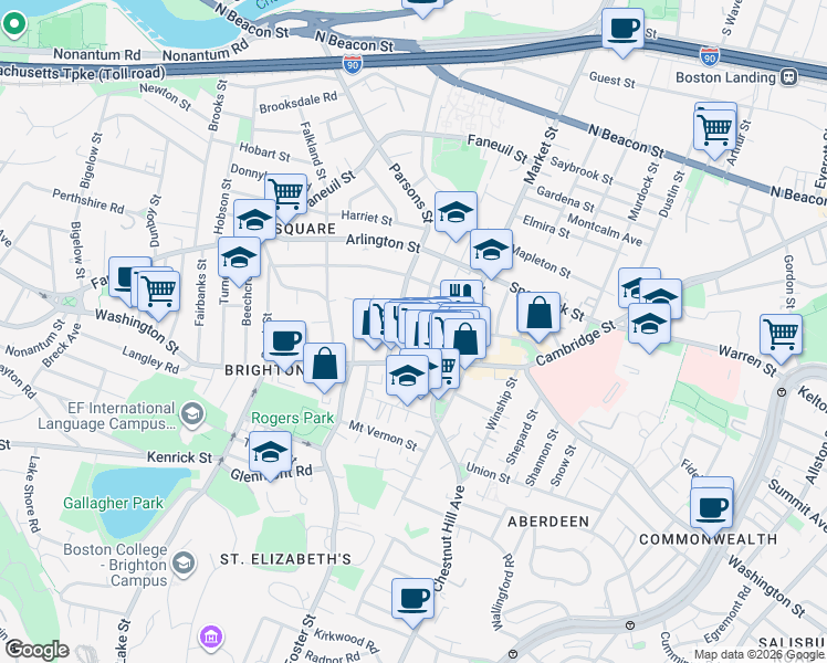 map of restaurants, bars, coffee shops, grocery stores, and more near 385 Washington Street in Boston