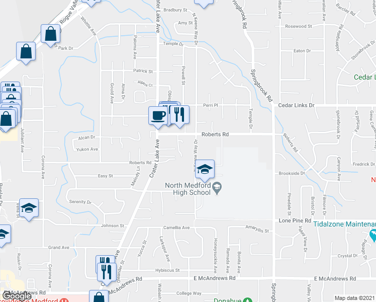 map of restaurants, bars, coffee shops, grocery stores, and more near 2145 North Keeneway Drive in Medford