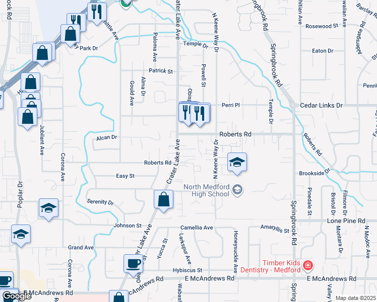 map of restaurants, bars, coffee shops, grocery stores, and more near 2008 Crater Lake Avenue in Medford