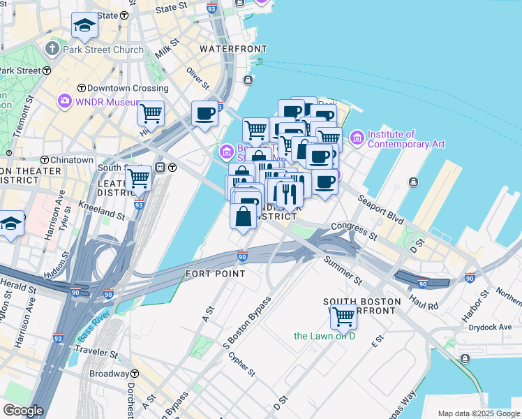 map of restaurants, bars, coffee shops, grocery stores, and more near in Boston