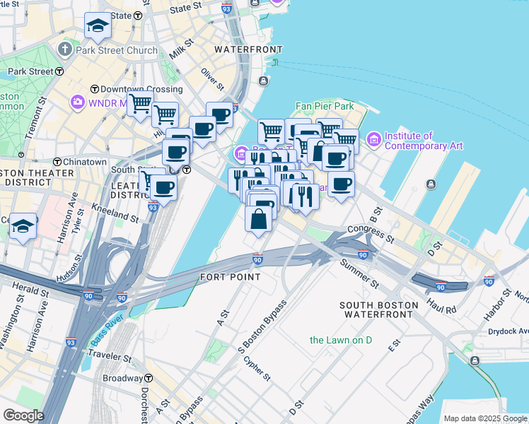 map of restaurants, bars, coffee shops, grocery stores, and more near 15 Necco Street in Boston
