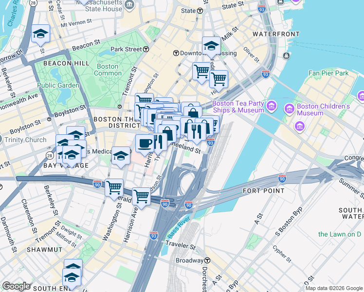 map of restaurants, bars, coffee shops, grocery stores, and more near in Boston