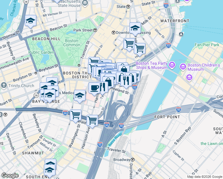 map of restaurants, bars, coffee shops, grocery stores, and more near in Boston