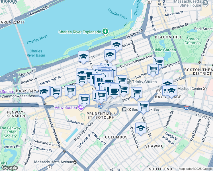map of restaurants, bars, coffee shops, grocery stores, and more near in Boston