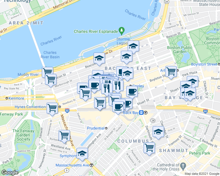 map of restaurants, bars, coffee shops, grocery stores, and more near 754 Boylston Street in Boston