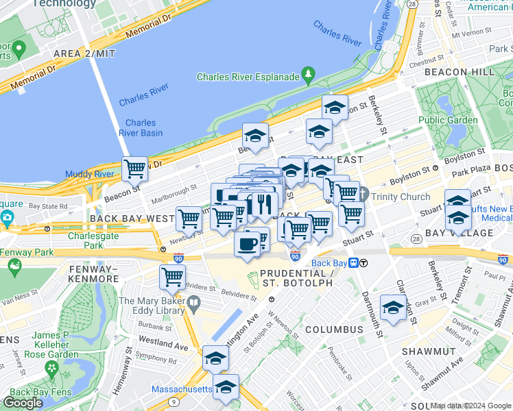 map of restaurants, bars, coffee shops, grocery stores, and more near 219 Newbury Street in Boston