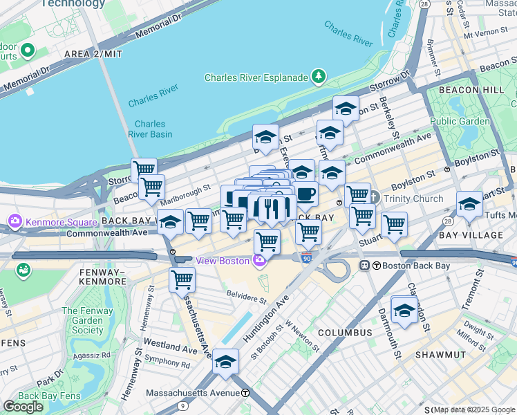 map of restaurants, bars, coffee shops, grocery stores, and more near 219 Newbury Street in Boston