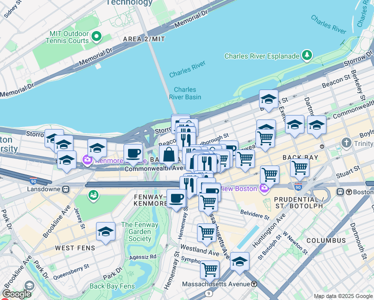map of restaurants, bars, coffee shops, grocery stores, and more near 377 Commonwealth Avenue in Boston