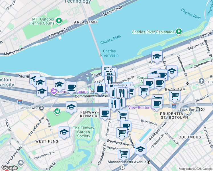 map of restaurants, bars, coffee shops, grocery stores, and more near 377 Commonwealth Avenue in Boston