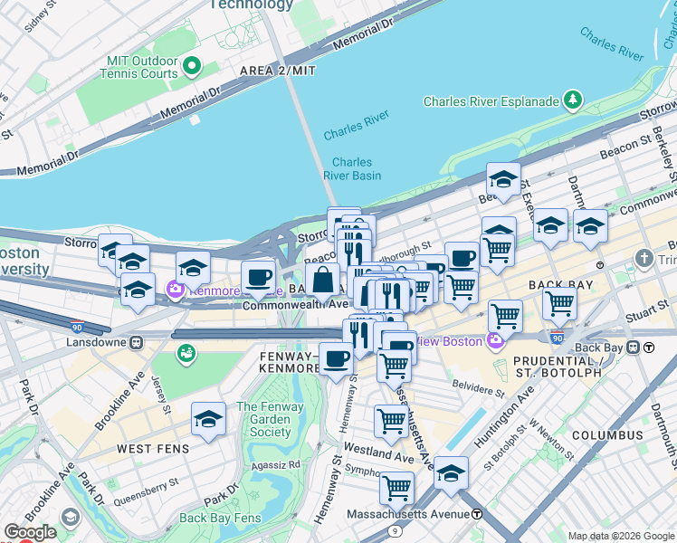 map of restaurants, bars, coffee shops, grocery stores, and more near 377 Commonwealth Avenue in Boston