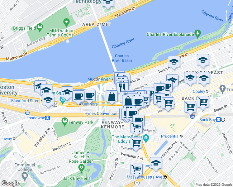 map of restaurants, bars, coffee shops, grocery stores, and more near 377 Commonwealth Avenue in Boston