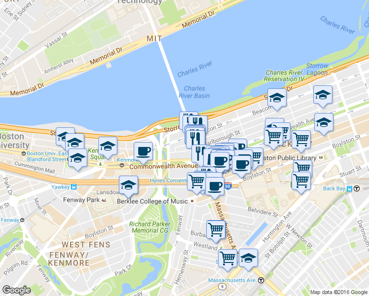 map of restaurants, bars, coffee shops, grocery stores, and more near 377 Commonwealth Avenue in Boston