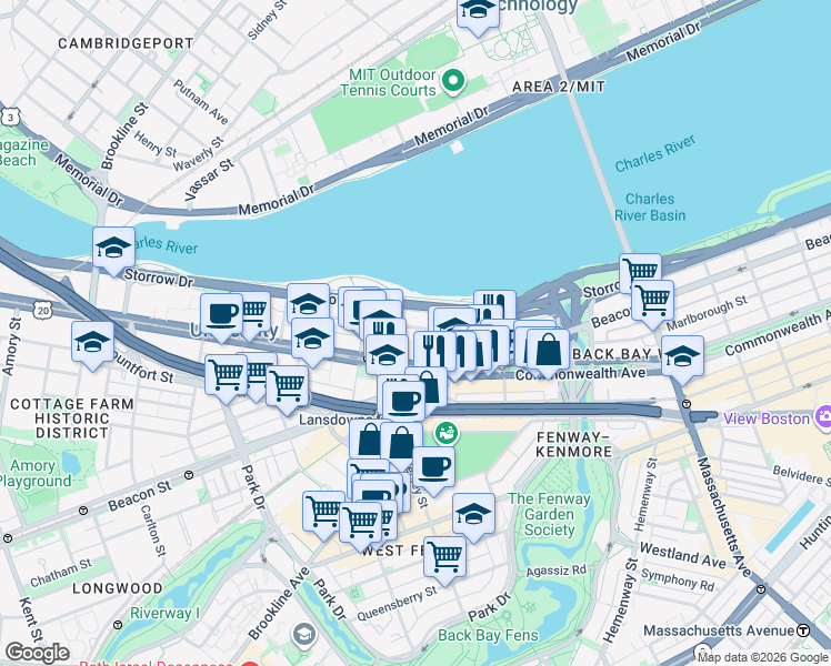 map of restaurants, bars, coffee shops, grocery stores, and more near 585 Commonwealth Avenue in Boston