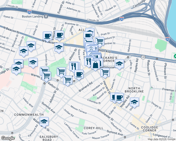 map of restaurants, bars, coffee shops, grocery stores, and more near 1277 Commonwealth Avenue in Boston