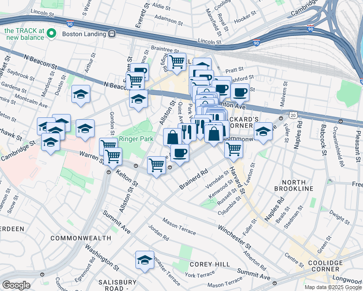 map of restaurants, bars, coffee shops, grocery stores, and more near 66 Glenville Avenue in Boston