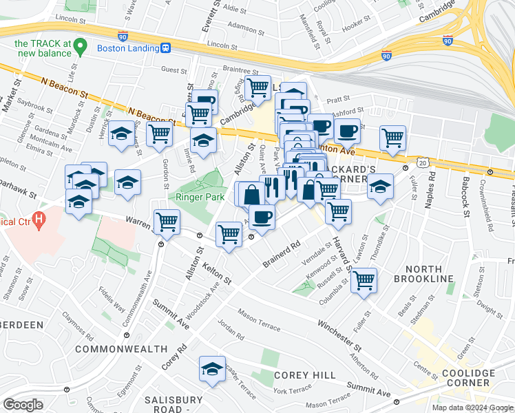 map of restaurants, bars, coffee shops, grocery stores, and more near 66 Glenville Avenue in Boston
