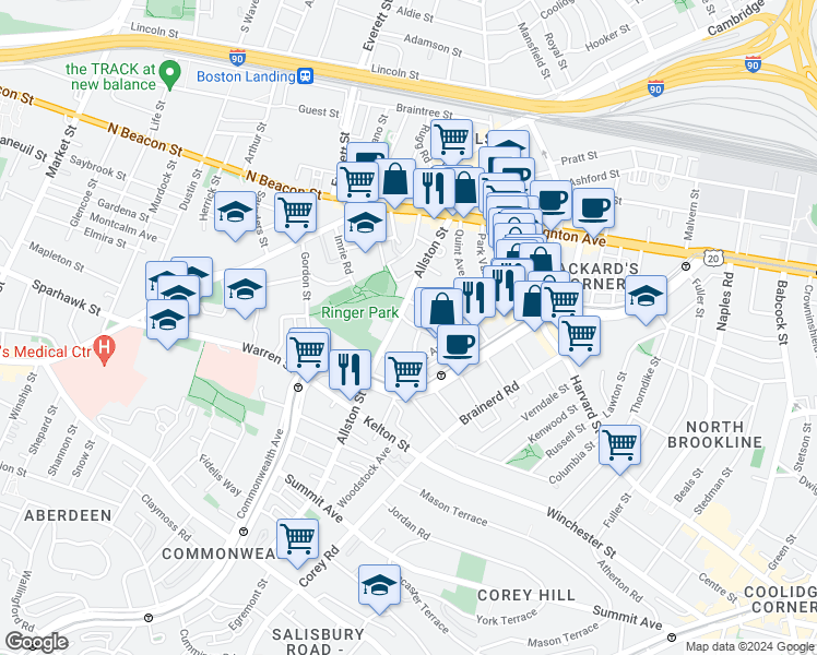 map of restaurants, bars, coffee shops, grocery stores, and more near 28 Long Avenue in Boston