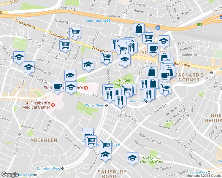 map of restaurants, bars, coffee shops, grocery stores, and more near 103 Gordon Street in Boston