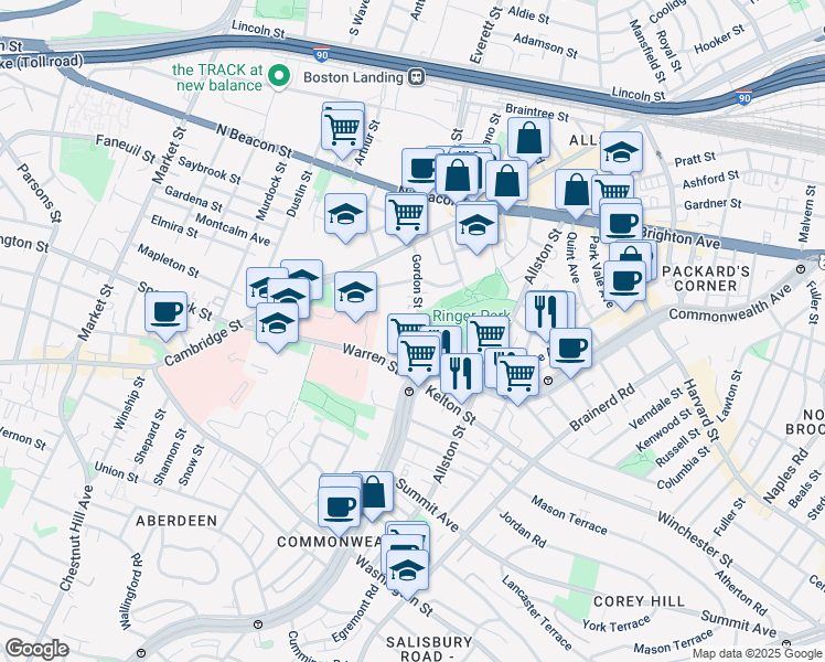 map of restaurants, bars, coffee shops, grocery stores, and more near 103 Gordon Street in Boston